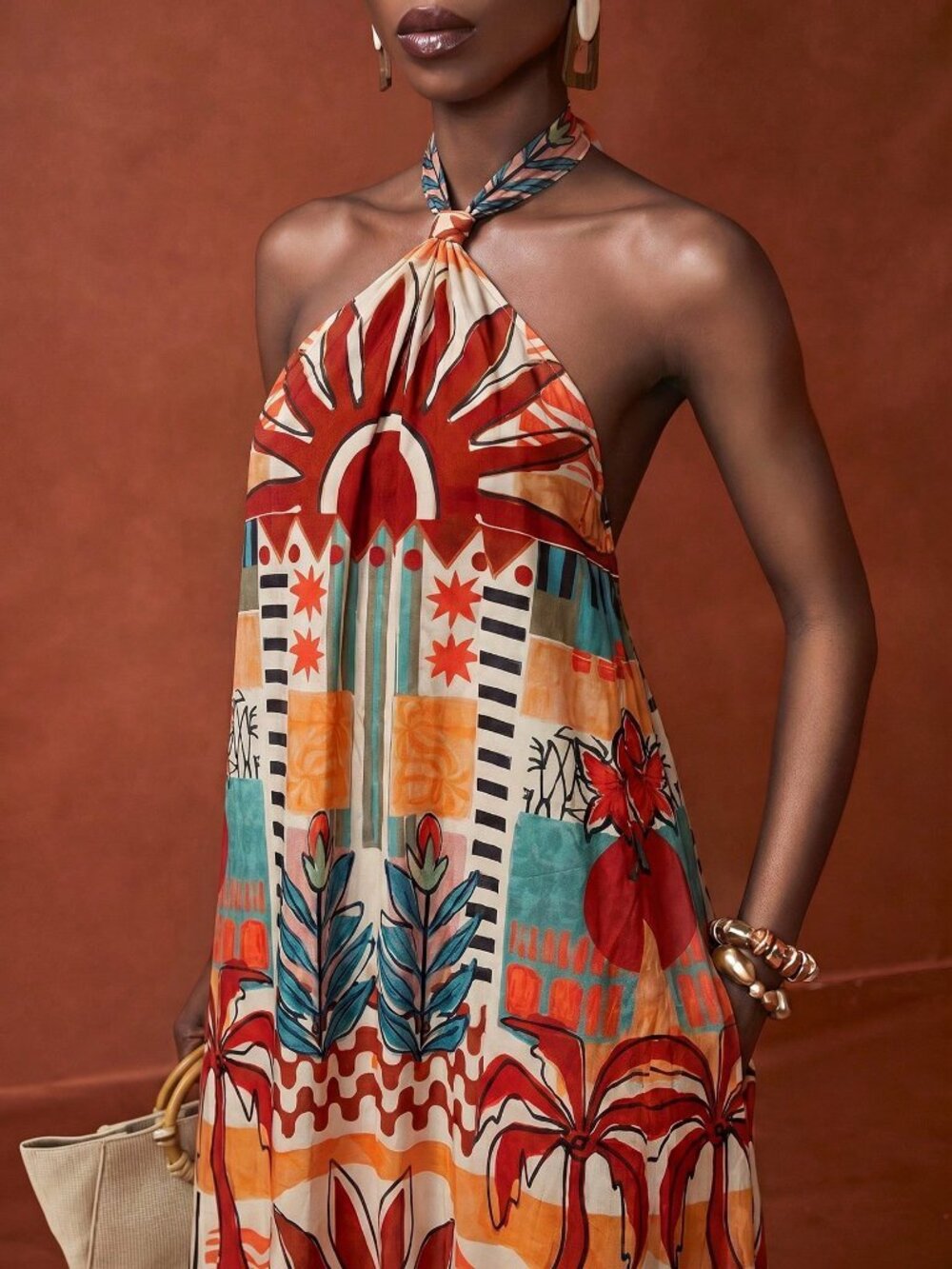 Multicolor Boho Women's Halter Neck Tie Front Open-back Pockets Maxi Dress - Picture 3 of 8